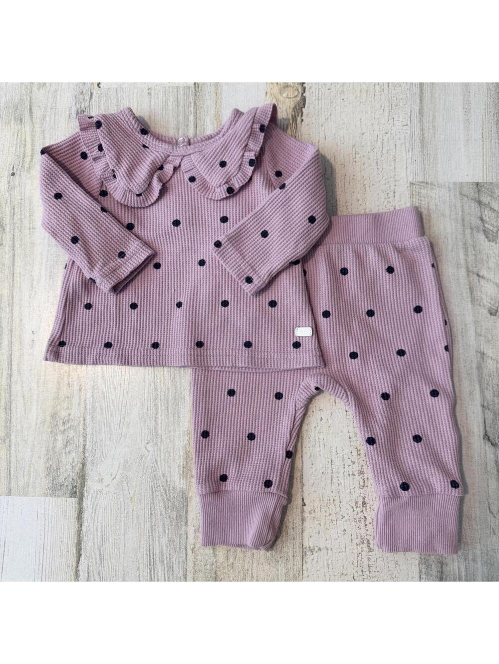 7 For All Mankind Baby Girl 0-3M Pink Waffle Knit Polka Dot 2-Piece